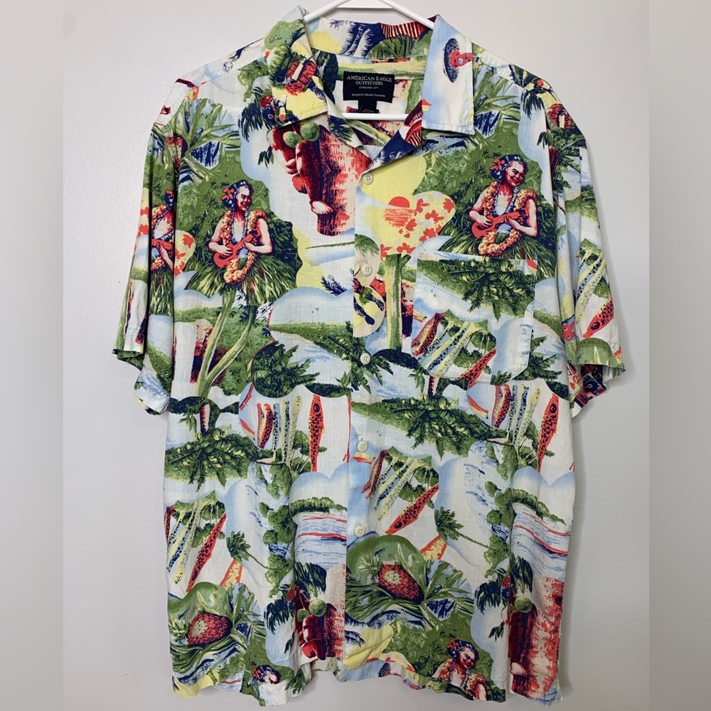 American Eagle Linen Hawaiian Shirt Size Medium